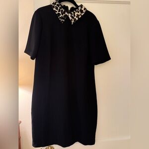 Trina Turk black dress with cheetah print fur lined collar